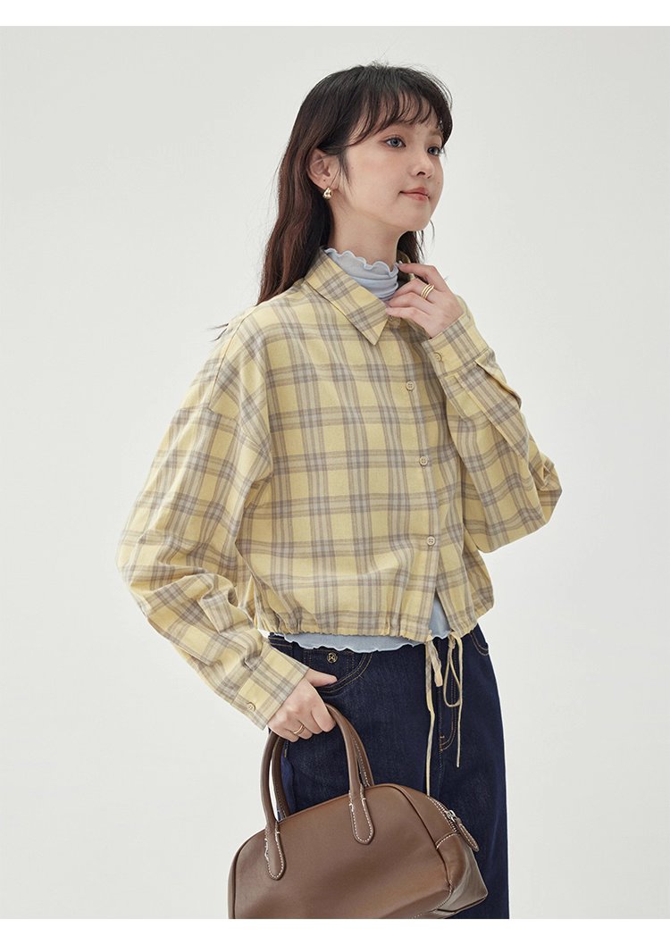 黃格單排扣抽繩下擺襯衫女秋季新款純棉長袖上衣