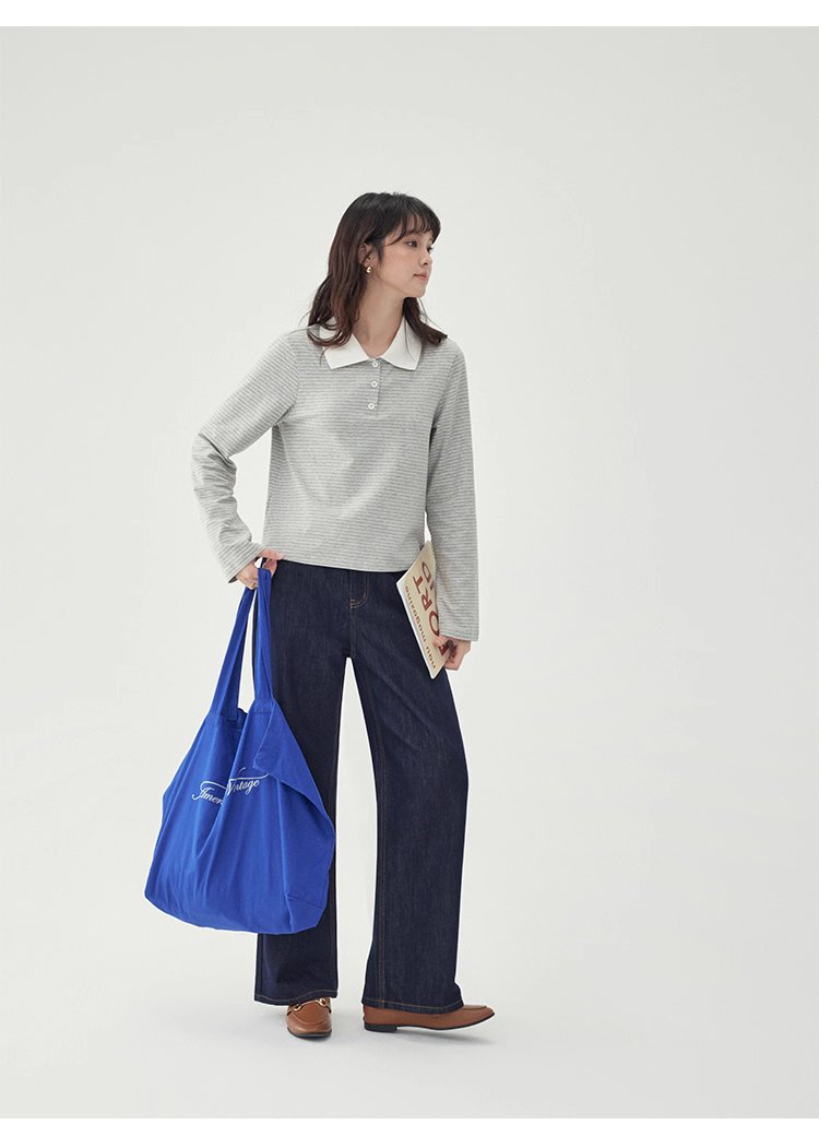 灰色條紋polo半開領t卹女秋季新款寬鬆長袖上衣