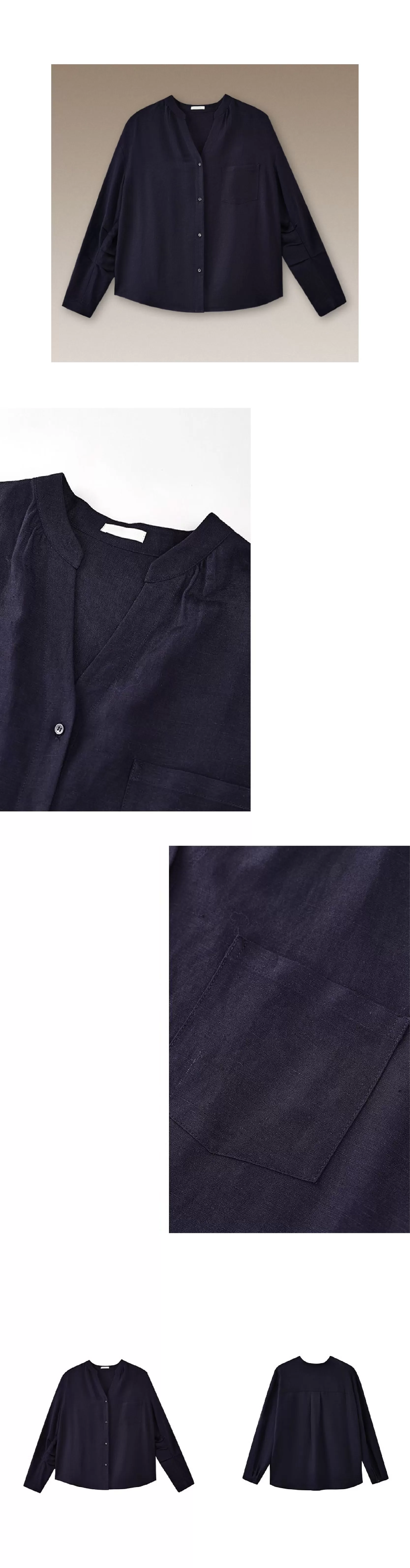 海上航線亞麻混紡透氣挺括質感V領寬鬆顯瘦通勤長袖襯衫