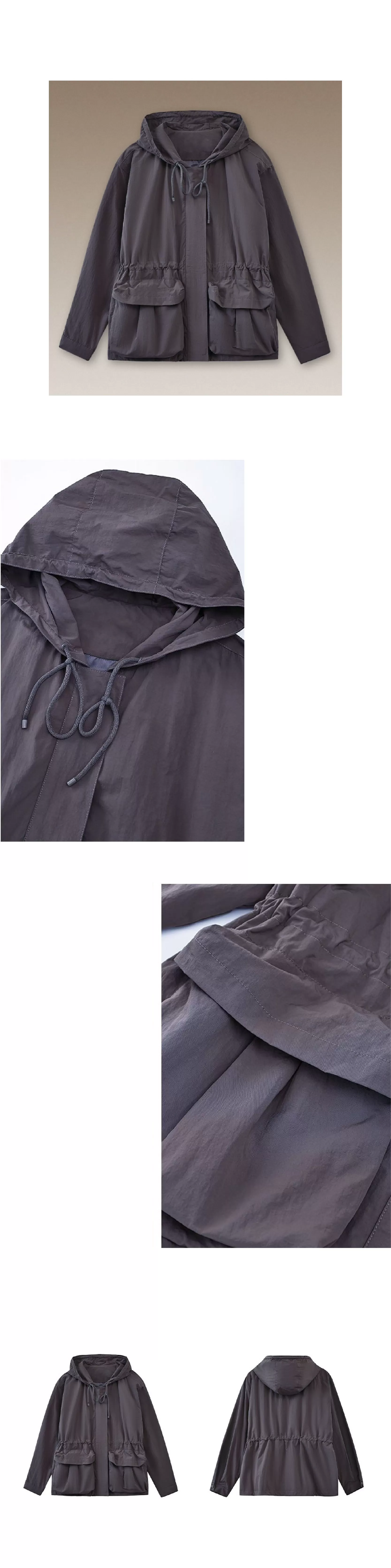 假期健行立體口袋設計抽繩收腰連帽寬鬆顯瘦沖風外套女