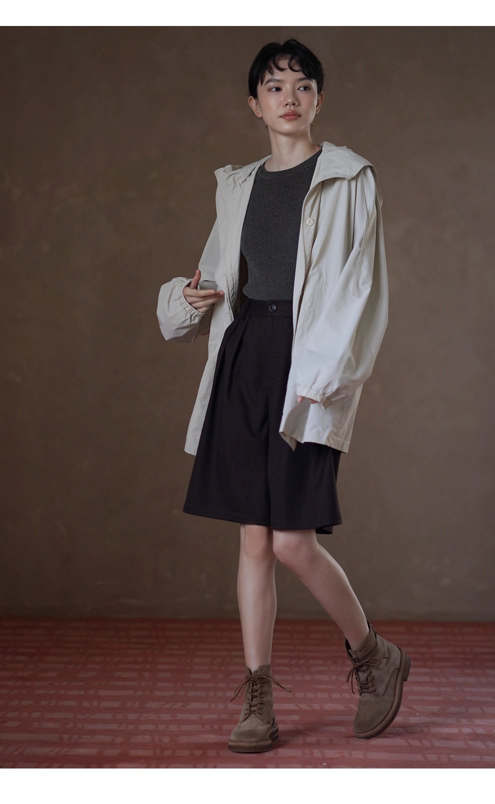 輕盈挺括山系少女外套寬鬆顯瘦連帽中長款輕戶外風衣女