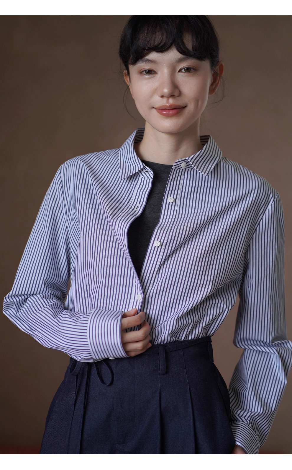 高品質100棉色織條紋法國經典寬鬆通勤可拆式蝴蝶結襯衫