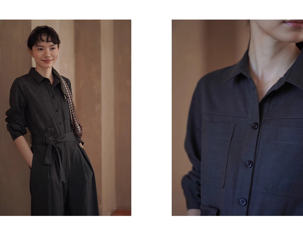 酷颯都市工裝寬鬆襯衫領闊腿顯瘦萊賽爾棉通勤連身褲