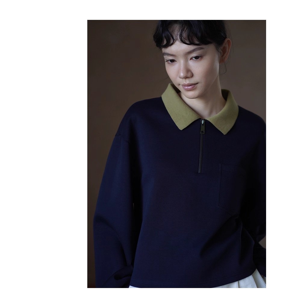 正統學院風撞色Polo領衛衣空氣層針織布料寬鬆顯瘦上衣