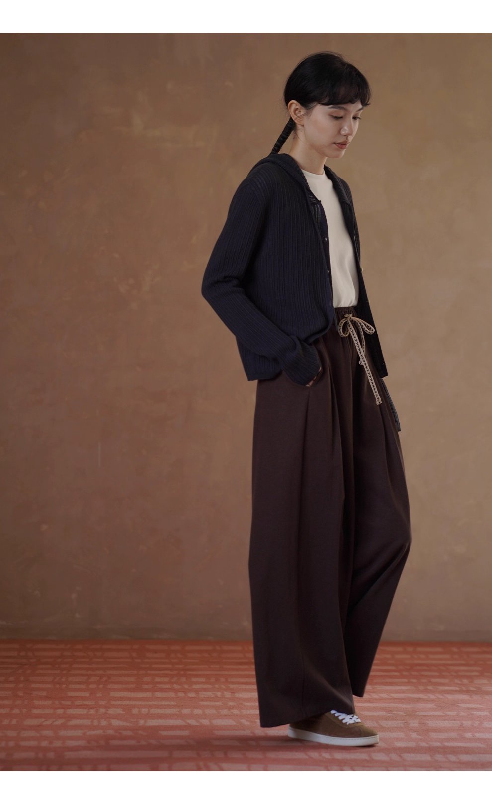 榛果拿鐵長褲顯瘦輪廓柔軟寬鬆織帶抽繩高腰遮肉闊腿褲