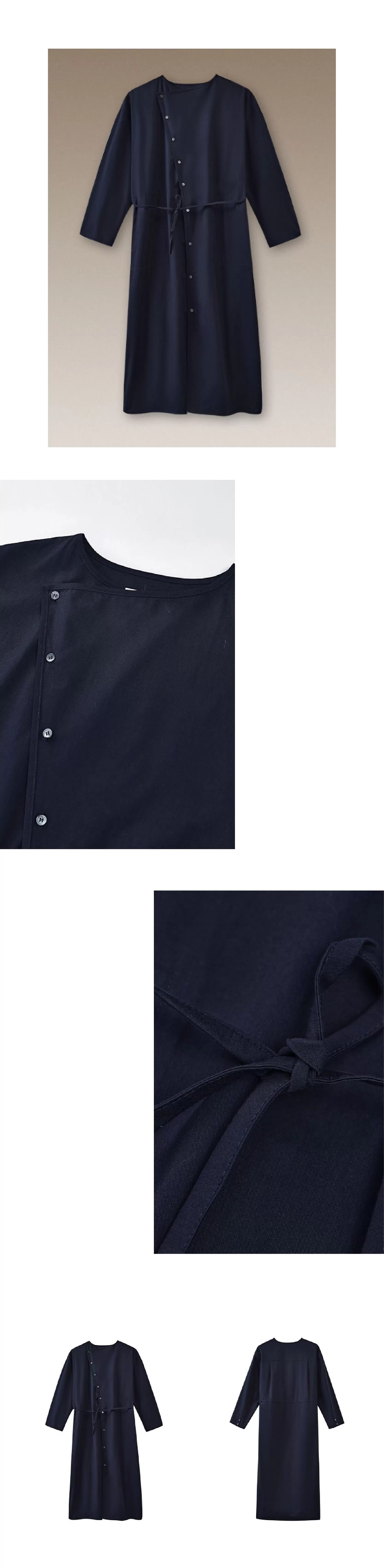 不對稱美學斜門襟洋裝挺括100%棉長遮肉顯瘦裙女