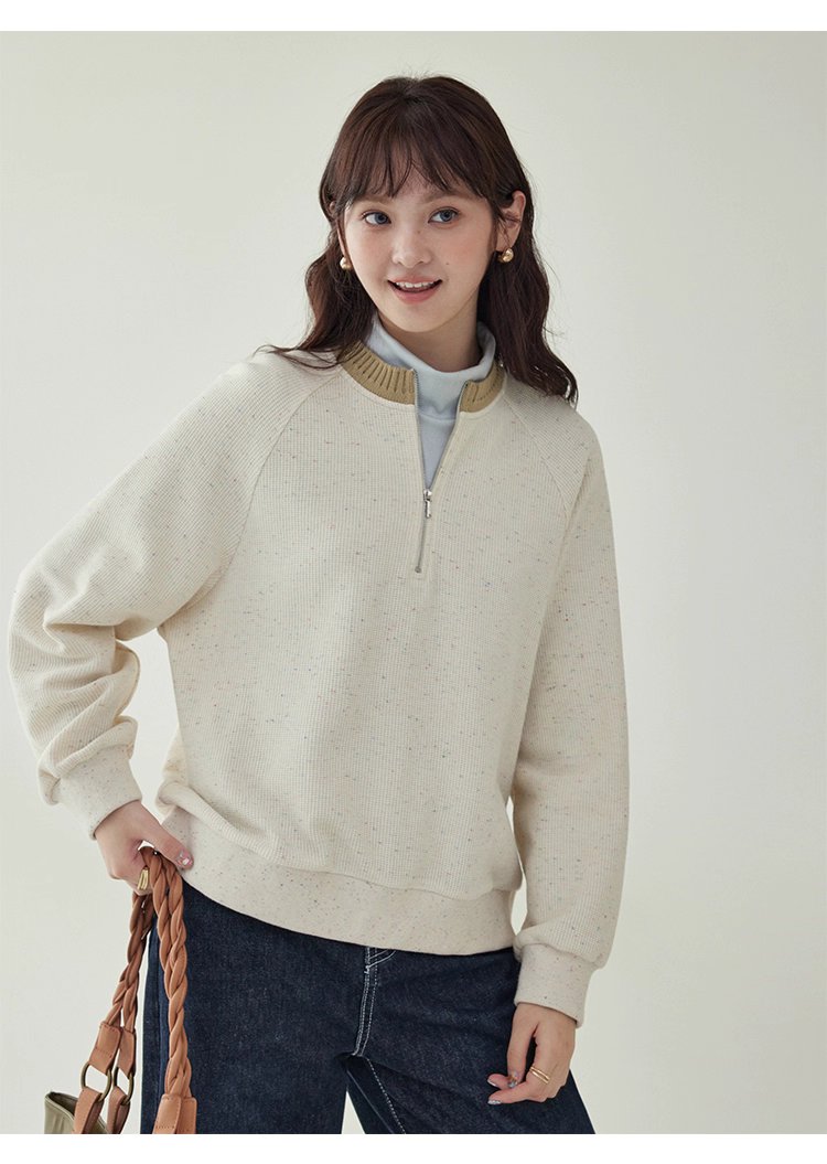 撞色彩點半開拉鍊衛衣T恤女秋季新款插肩袖上衣