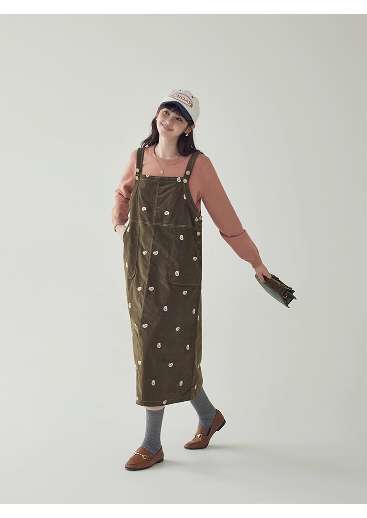 減齡刺繡純棉背帶洋裝女秋季新款後開叉a字裙