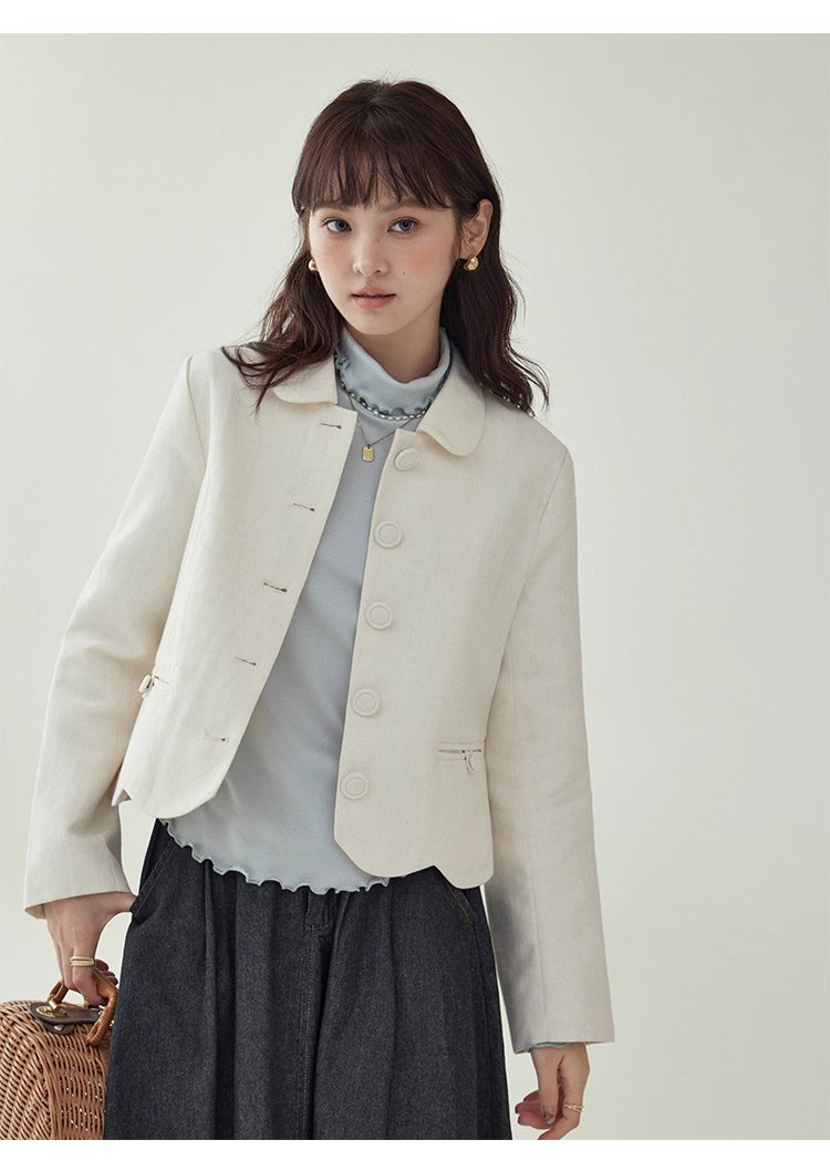 小香風純色單排扣短外套女秋新款波浪擺長袖上衣