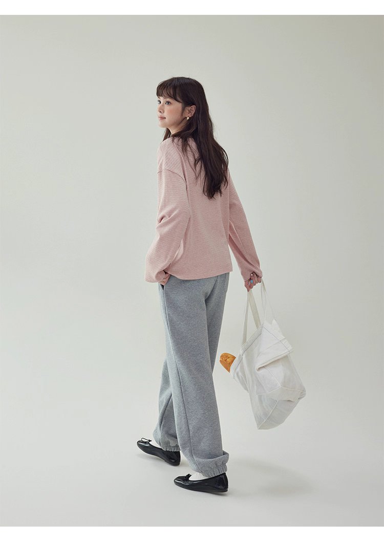 韓系藍線圓領長袖T恤女秋季新款簡約寬鬆上衣