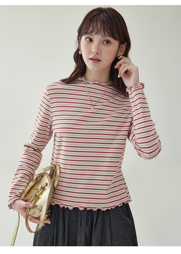下擺扣條紋兩穿內搭T恤女秋新款花邊長袖上衣