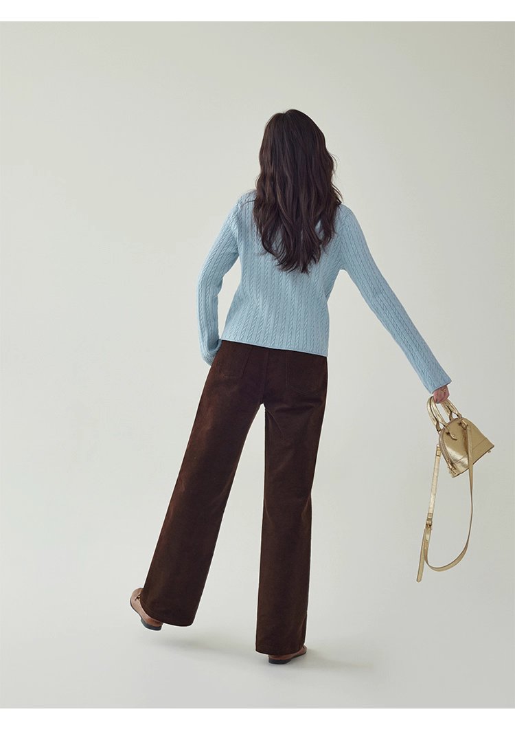 藍色綁帶圓領扭花針織衫女秋季新款百搭長袖上衣