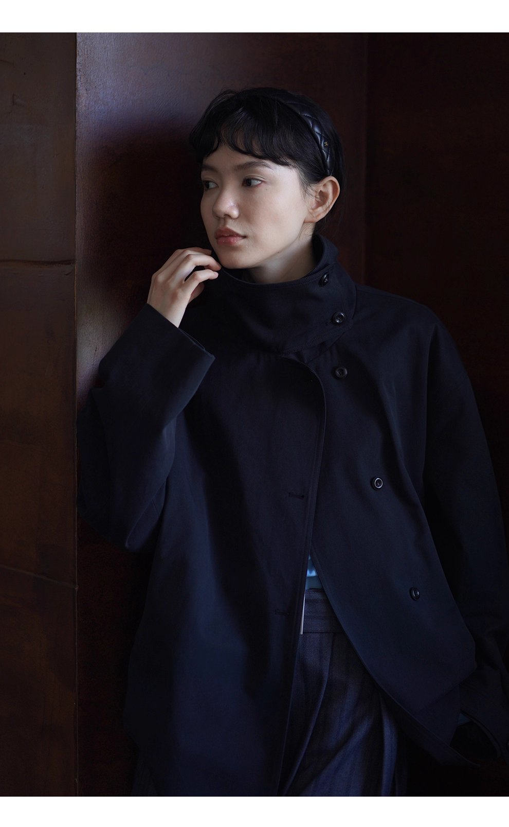 100棉細斜紋挺括水洗廓形立領寬鬆一手長顯瘦風衣外套女