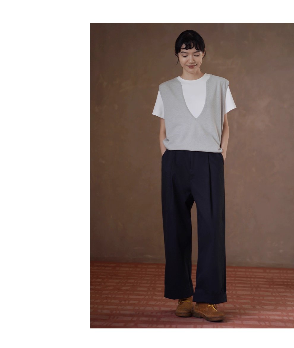 無可挑剔挺括棉感可調式腰帶直筒寬鬆闊腿顯瘦高腰長褲