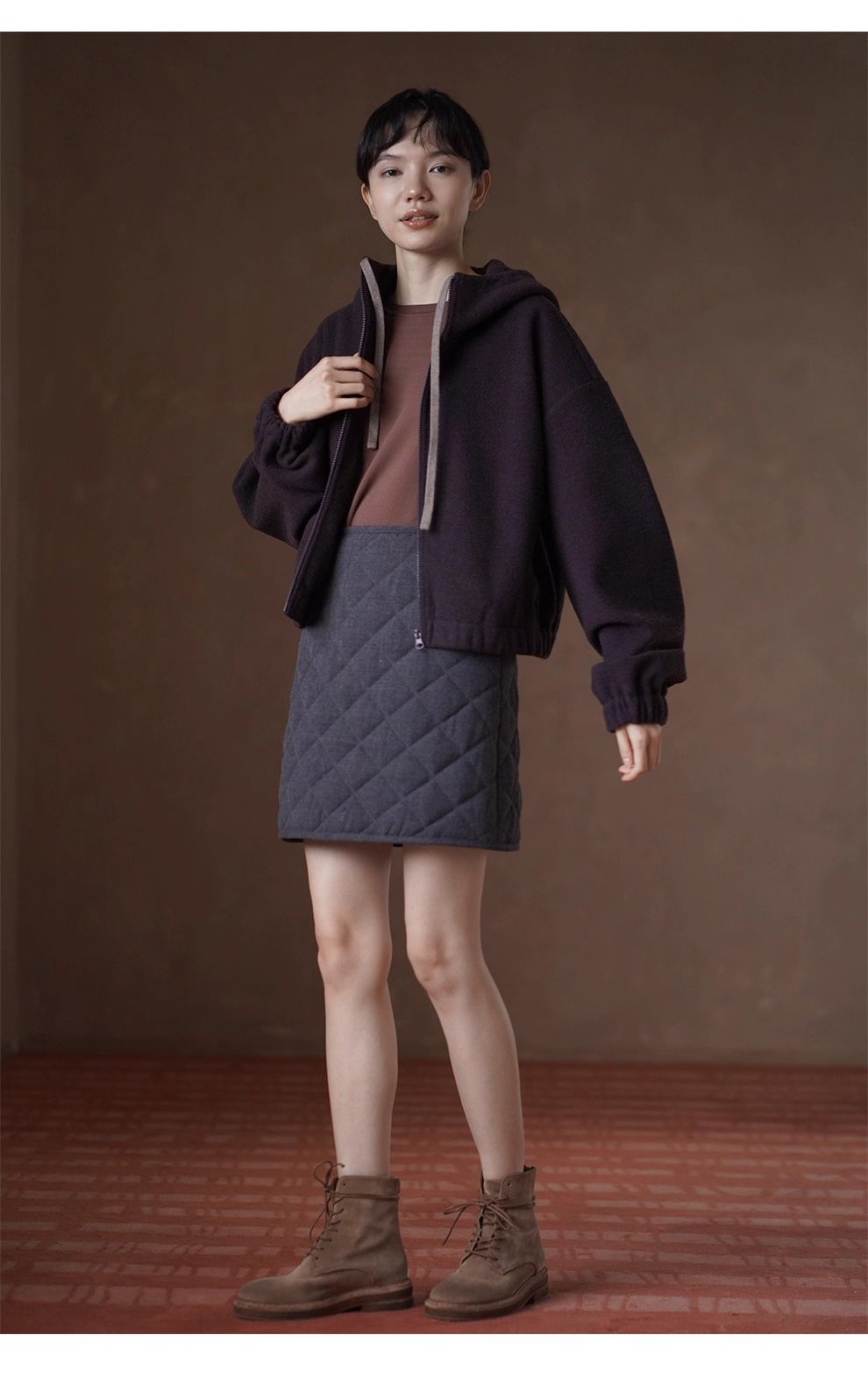 榛果咖濃鬱質感加厚綿羊毛混紡寬鬆短連帽衛衣外套女