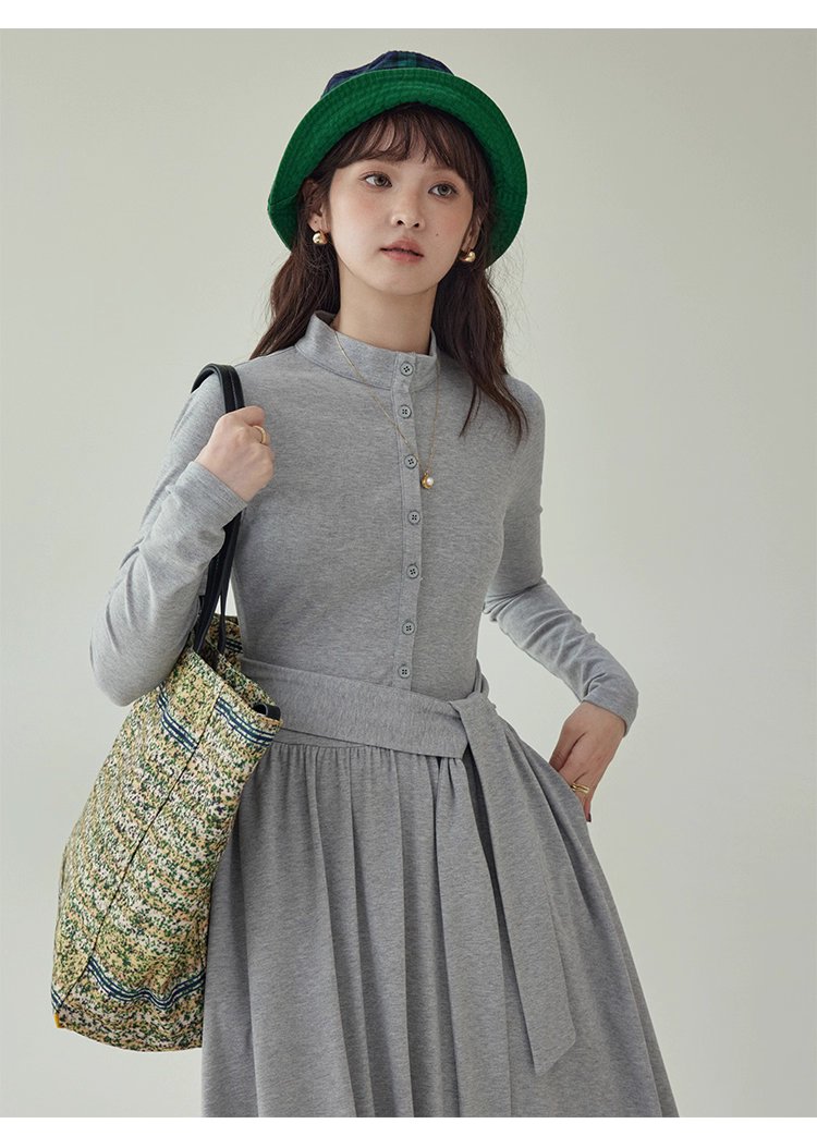 灰色修身高腰綁帶洋裝女秋新款長袖收腰T恤裙