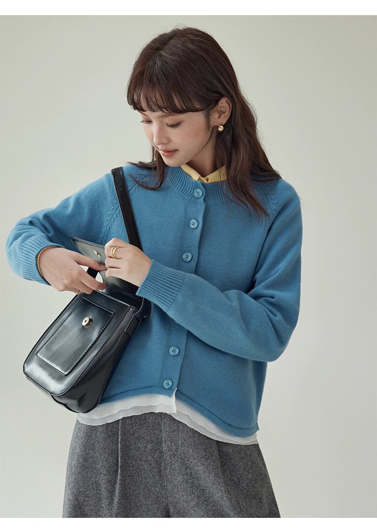 拼接蕾絲下擺藍色針織衫女秋季新款紐帶長袖上衣