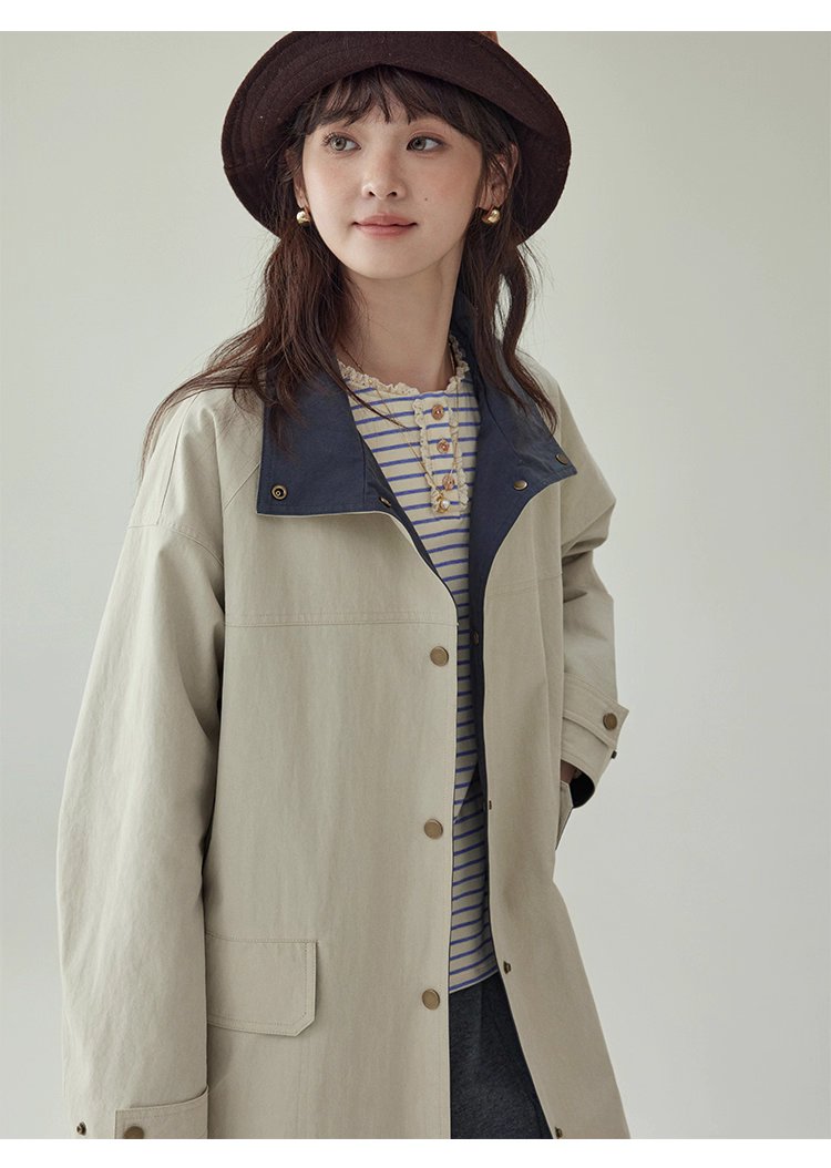 日系純色立領長風衣外套女秋新款寬鬆長袖上衣