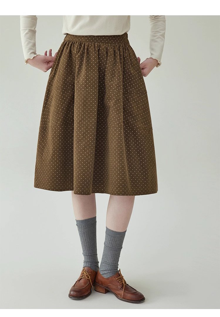 復古波點燈芯絨半身裙女秋冬新款高腰純棉a字裙