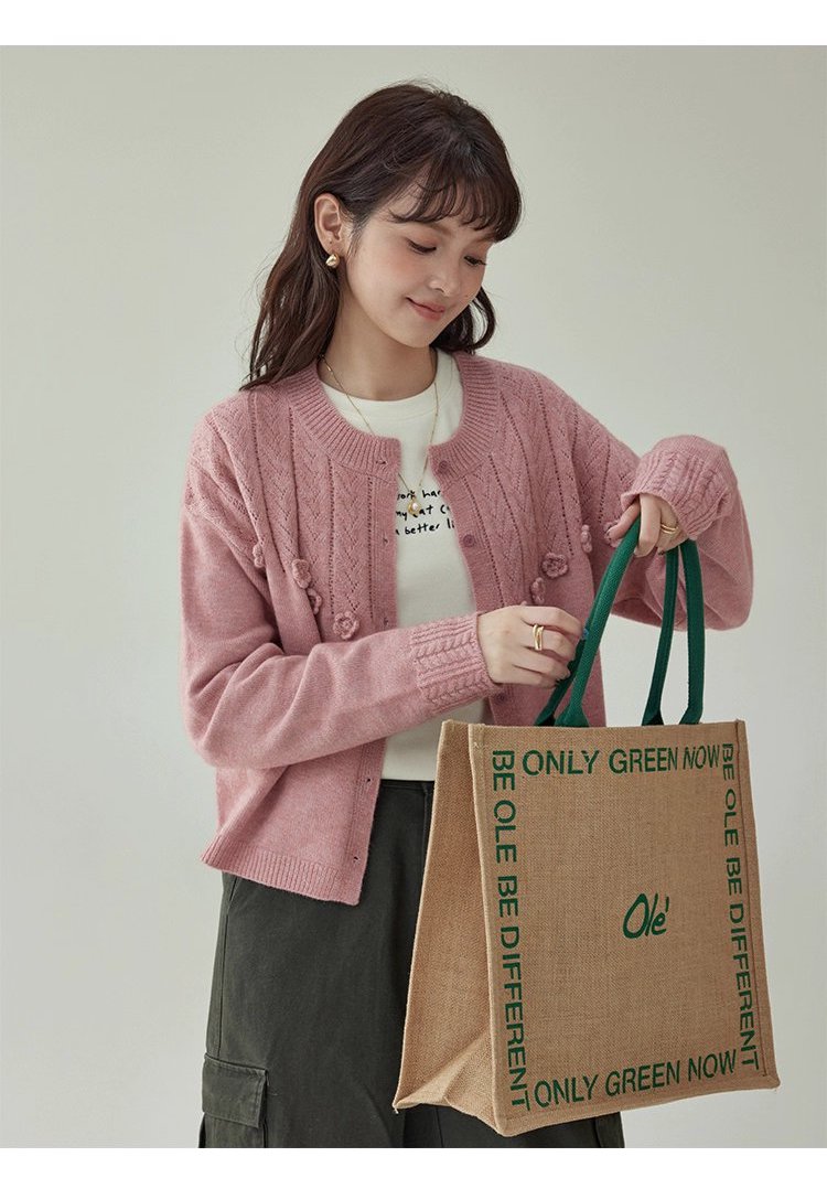 少女感粉紅花朵毛衣開襟女秋季新款寬鬆長袖上衣