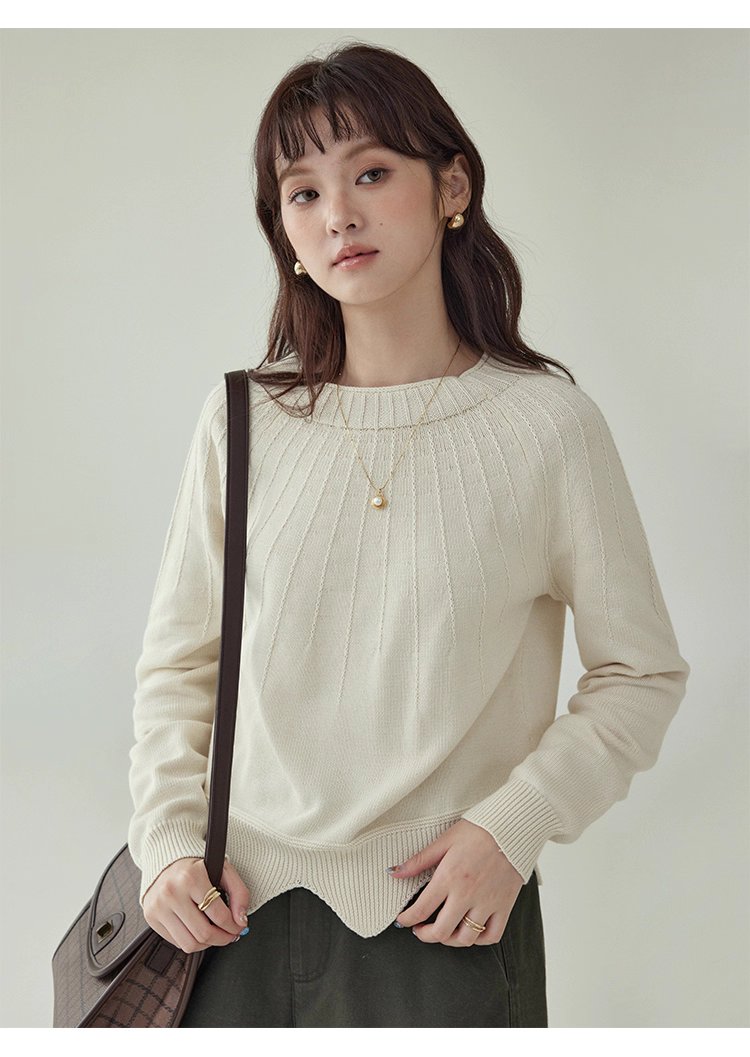 設計感波浪下擺純棉針織衫女秋冬季新款長袖上衣