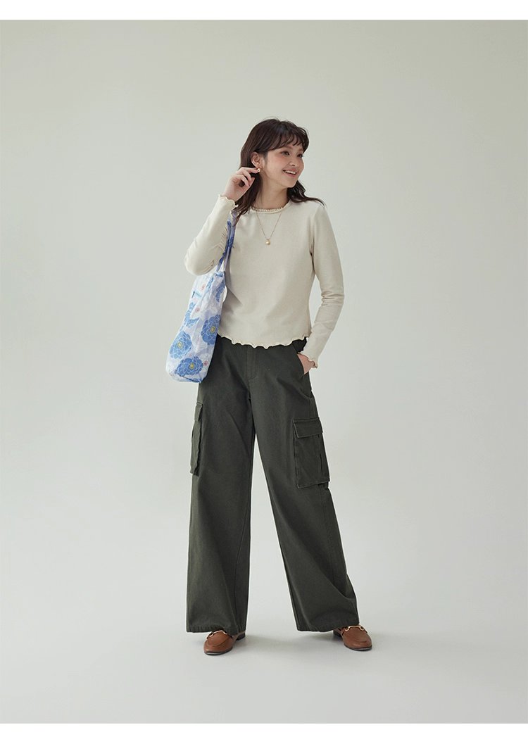 小眾花邊圓領長袖打底T恤女秋新款寬鬆純色上衣