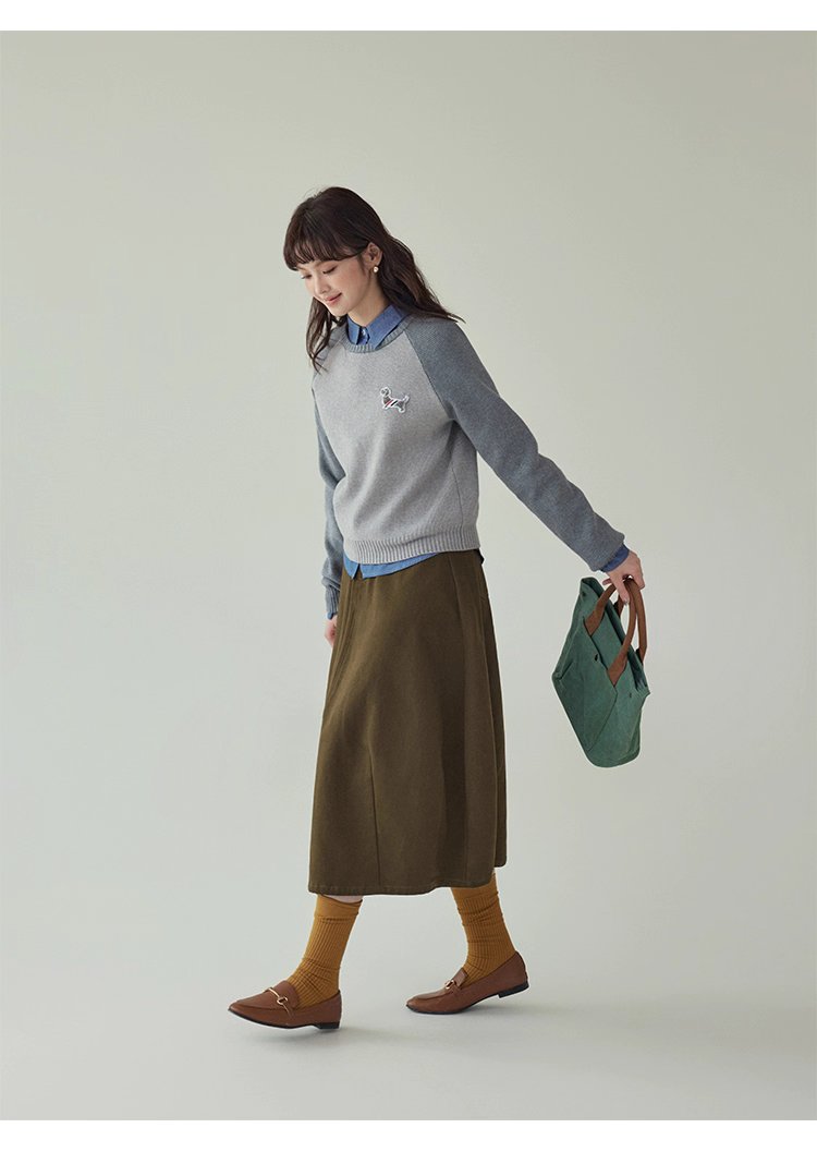 拼色插肩長袖短版針織衫女秋季新款小狗刺繡上衣