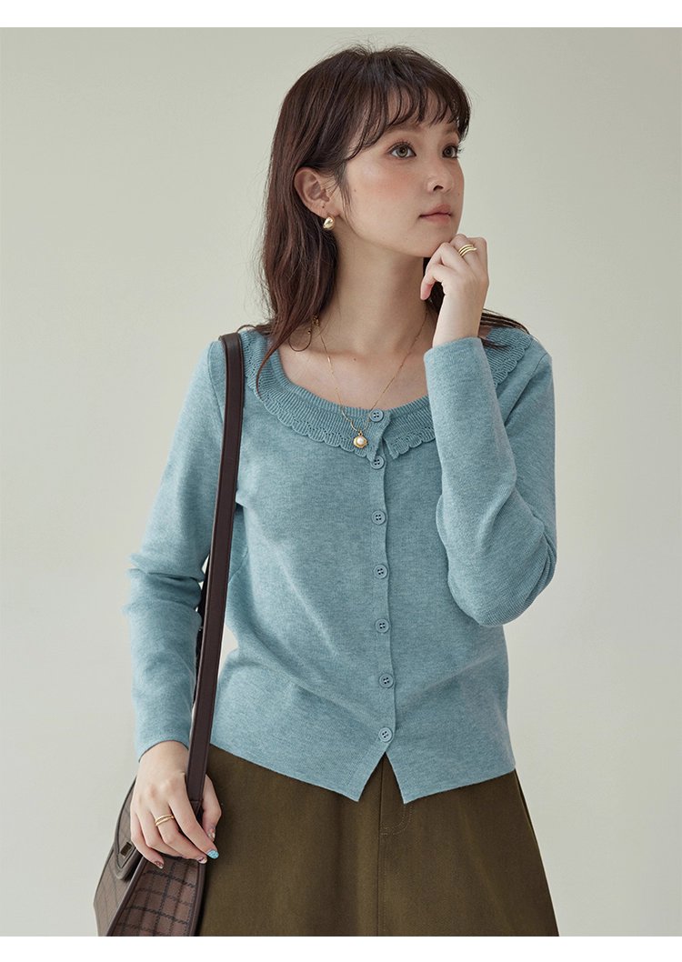 藍色圓領針織衫女秋季絕美短款修身長袖開襟衫上衣