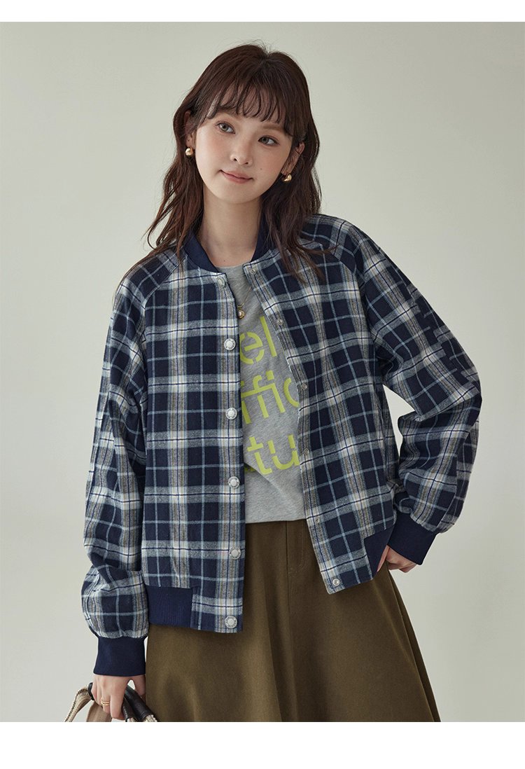 撞色格紋插肩袖摁扣外套女秋季新款長袖外套上衣