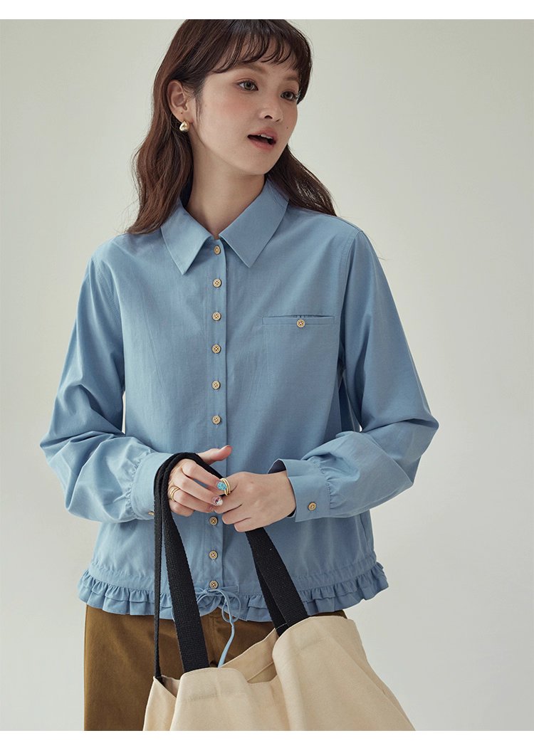 藍色花邊下擺抽繩襯衫女秋季新款單排扣長袖上衣,藍色花邊下擺抽繩襯衫女秋季新款單排扣長袖上衣,HBEW1103,藍色花邊下擺抽繩襯衫女秋季新款單排扣長袖上衣,翻領排扣,天絲混棉