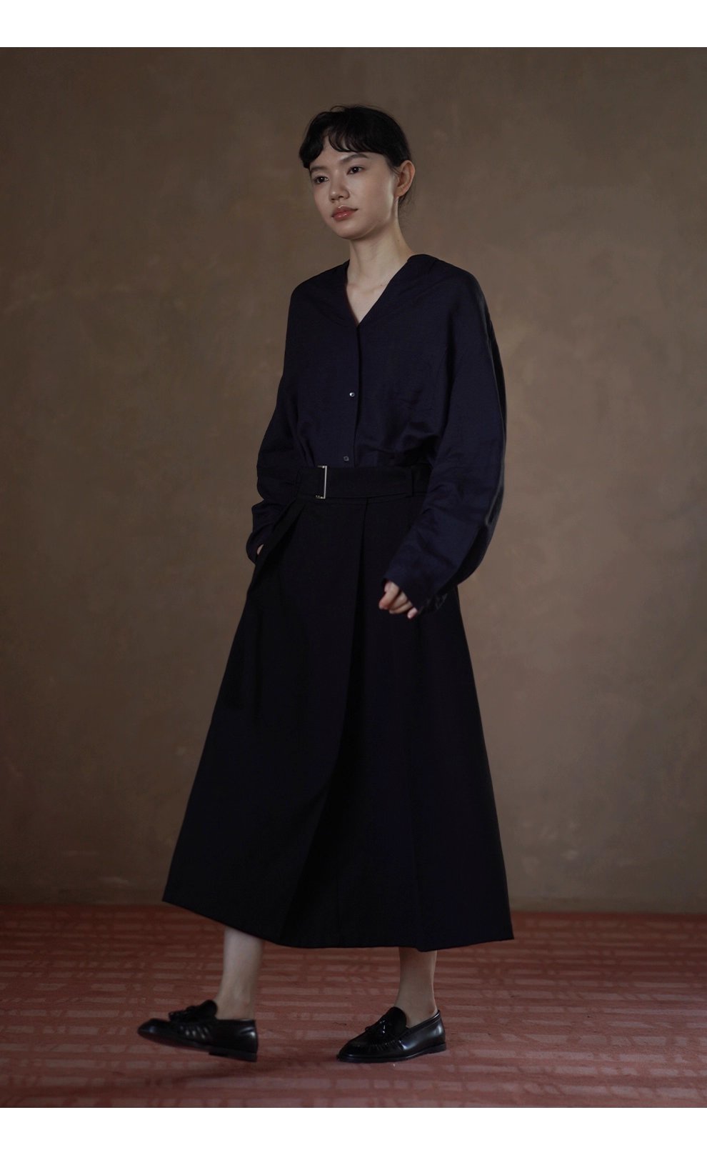 簡約法式高腰中長A字顯瘦通勤不挑人百褶腰帶半身裙女