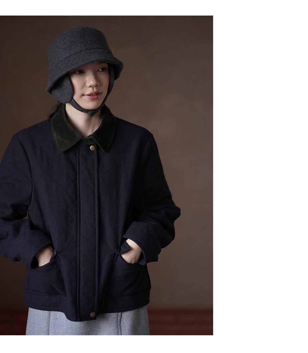 復古英倫配色撞色燈芯絨翻領正肩短款菱形格絎棉外套女