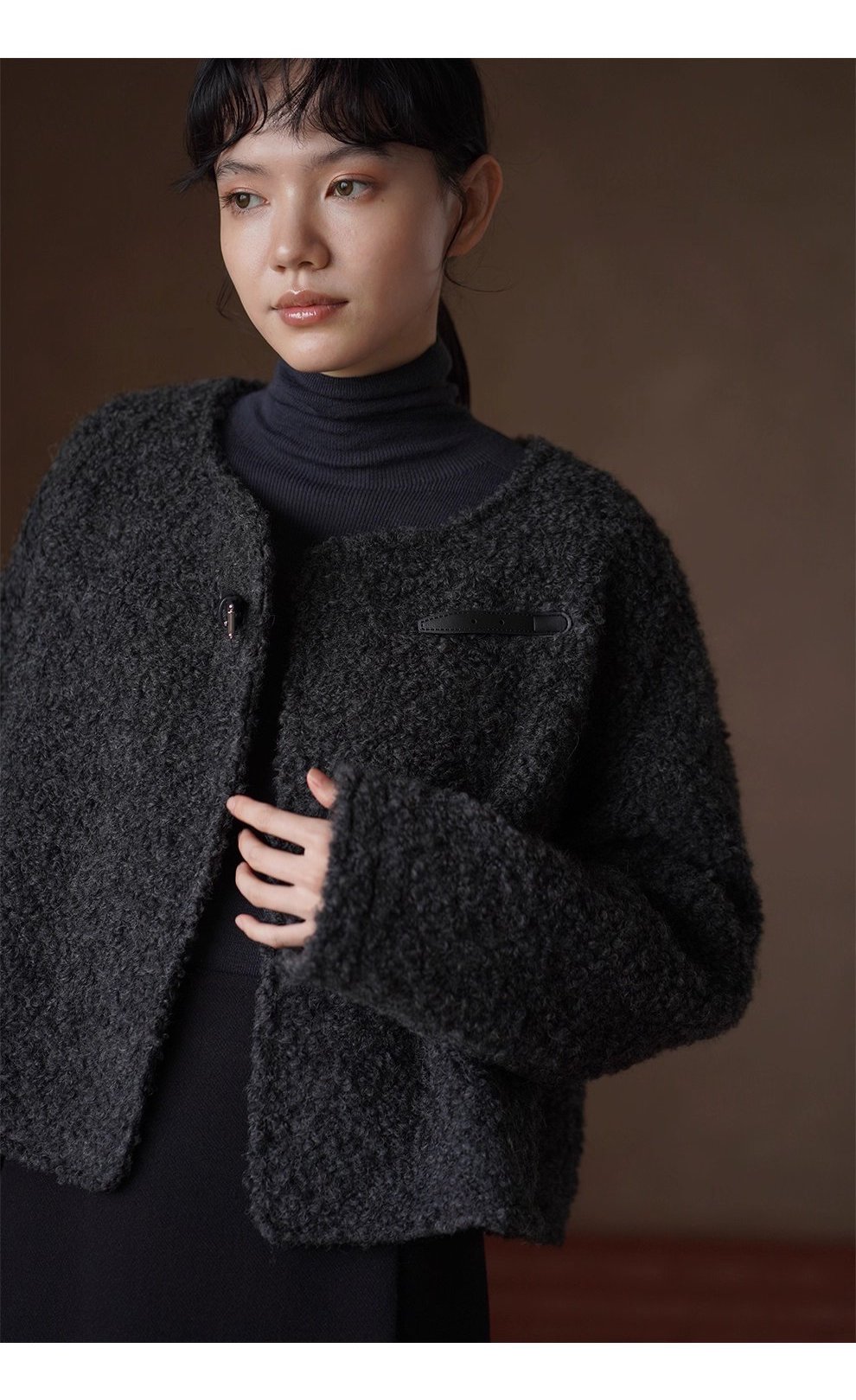 費城外套蓬鬆羊毛圈毛呢料輪廓皮袢圓領通勤顯瘦大衣