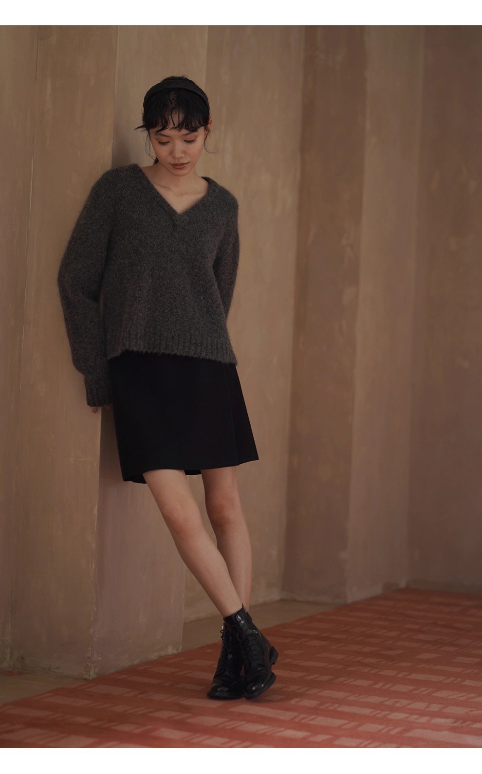 溫柔蓬鬆雜花灰毛衣馬海毛綿羊毛混紡寬鬆V領落肩上衣女