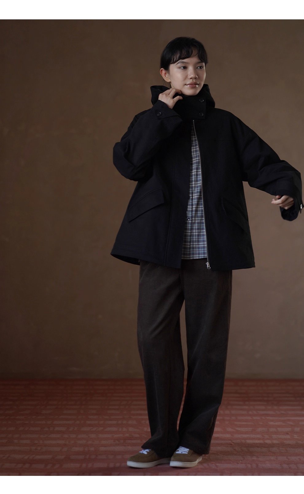 英倫學院撞色格紋連帽搖粒絨內裡加厚一手長夾克外套女