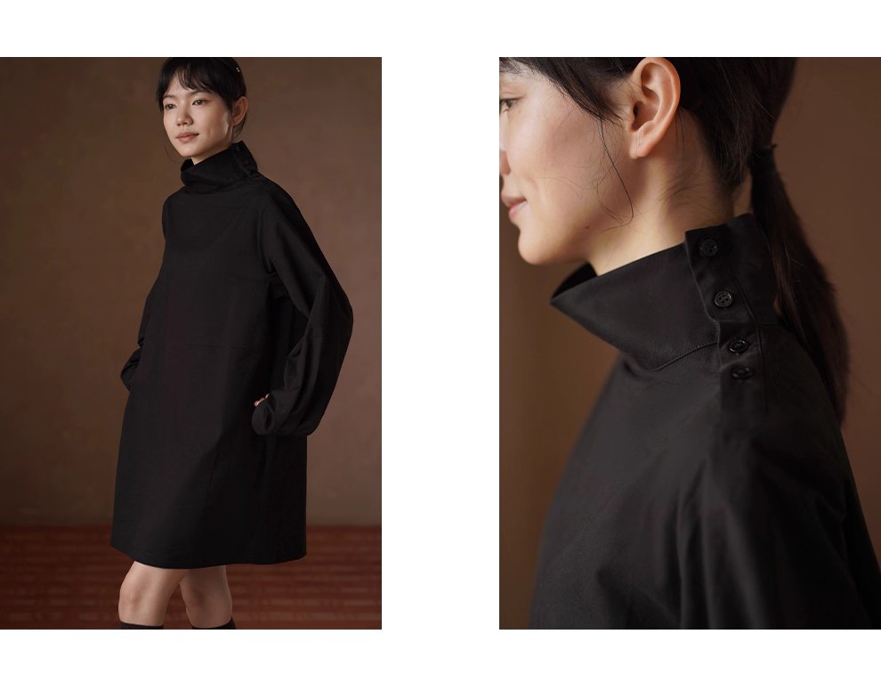 秋冬新款弗里達學院可調式紐扣高領寬鬆100棉連身裙女