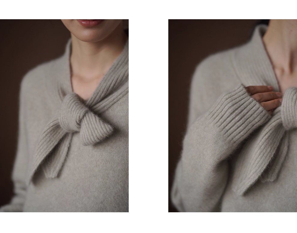 靜謐月光羊毛柔和混紡紗線領結設計感坑條顯瘦寬鬆毛衣