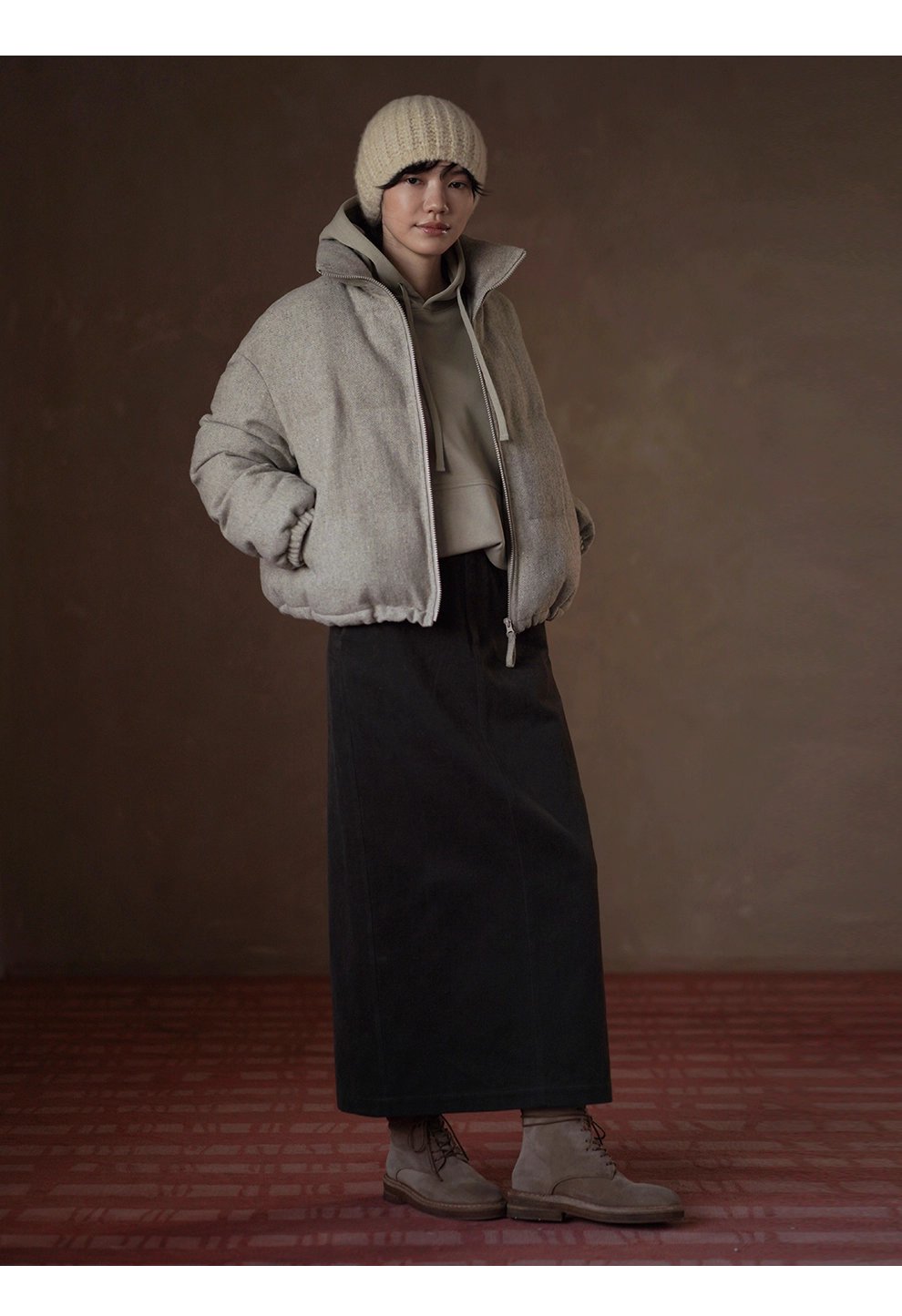 冬日盧森堡保暖外套羊毛夾花人字紋加厚短款休閒棉服女