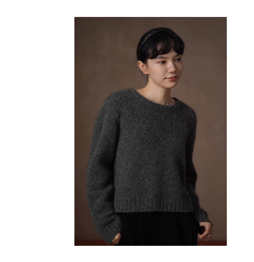 蓬鬆百分百水洗拉毛工藝羊毛馬海毛混紡圓領寬鬆毛衣女