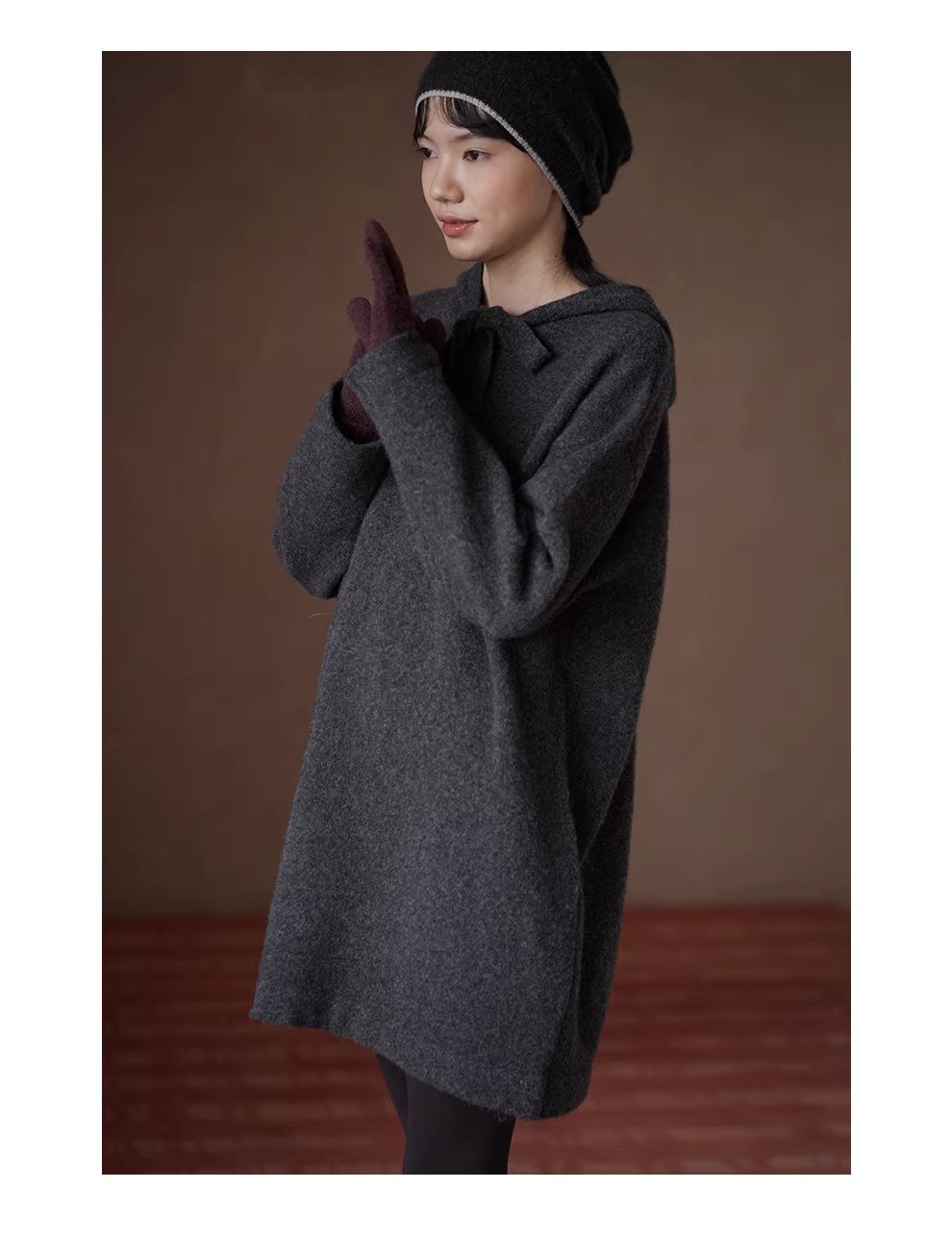 柔軟蓬鬆水洗拉毛工藝羊毛混紡連帽寬鬆顯瘦針織洋裝