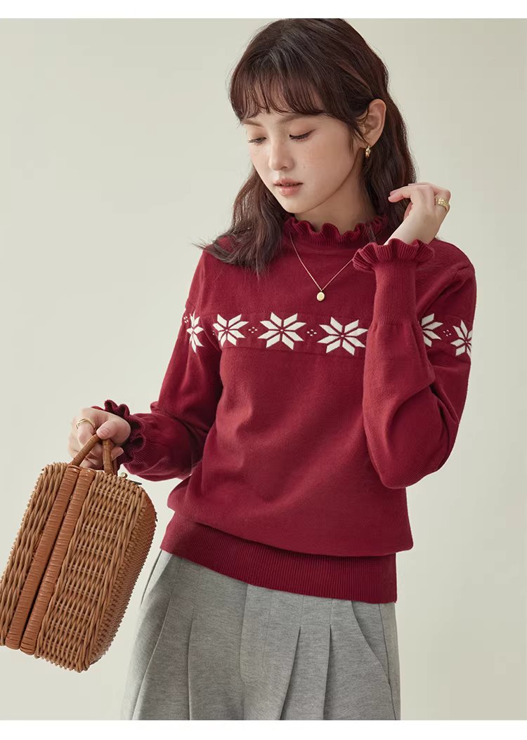 減齡紅色木耳邊雪花針織衫女冬新款內搭長袖上衣,減齡紅色木耳邊雪花針織衫女冬新款內搭長袖上衣,HBEW1152,減齡紅色木耳邊雪花針織衫女冬新款內搭長袖上衣,木耳邊,雪花針織