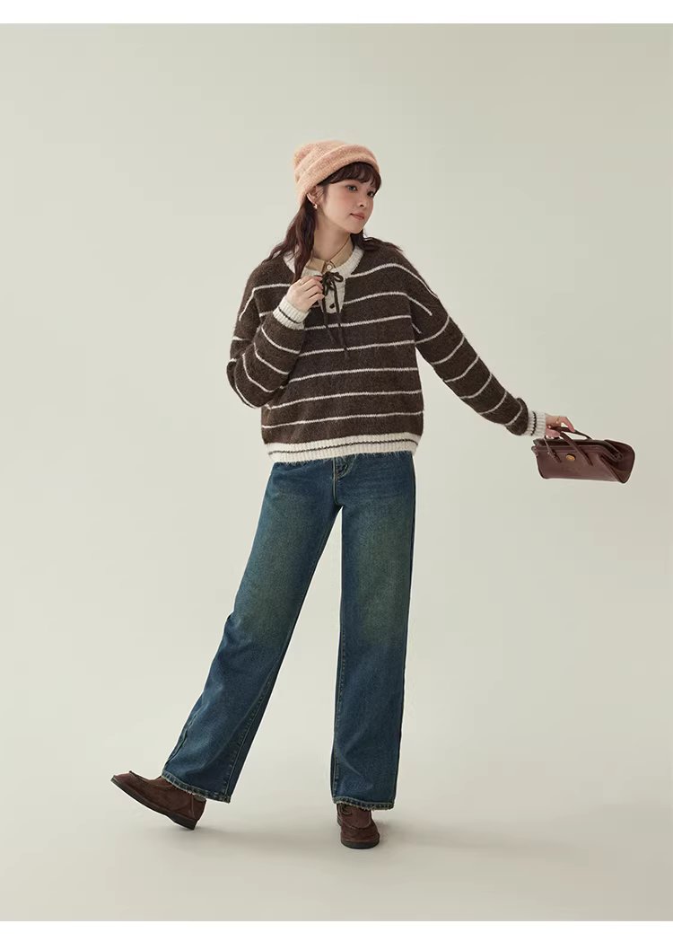 撞色條紋綁帶圓領羊毛毛衣女冬季新款甜美落肩袖上衣,撞色條紋綁帶圓領羊毛毛衣女冬季新款甜美落肩袖上衣,HBEW1155,撞色條紋綁帶圓領羊毛毛衣女冬季新款甜美落肩袖上衣,綁帶衣領,羊毛混紡