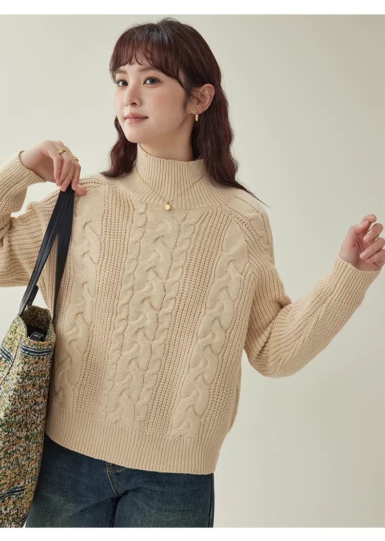 韓系杏色麻花高領毛衣女25冬季新款寬鬆長袖上衣,韓系杏色麻花高領毛衣女25冬季新款寬鬆長袖上衣,HBEW1156,韓系杏色麻花高領毛衣女25冬季新款寬鬆長袖上衣,高領毛衣,麻花針織