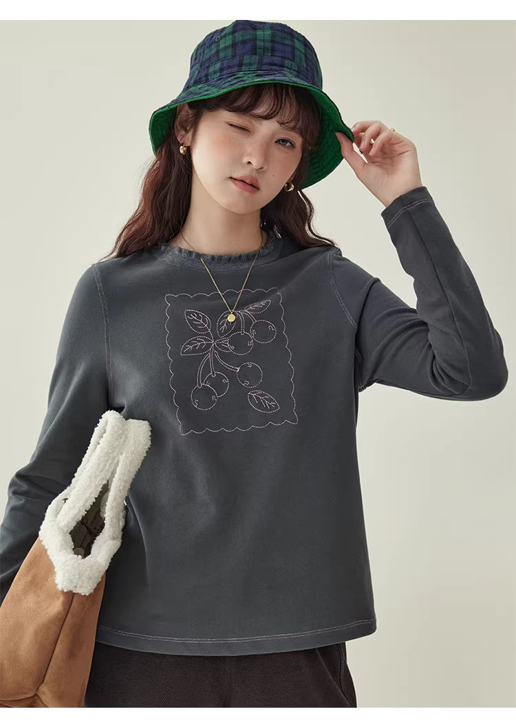 設計感磨毛繡花厚T恤女冬新款花邊圓領長袖上衣,設計感磨毛繡花厚T恤女冬新款花邊圓領長袖上衣,HBEW1184,設計感磨毛繡花厚T恤女冬新款花邊圓領長袖上衣,刺繡細節,磨毛面料