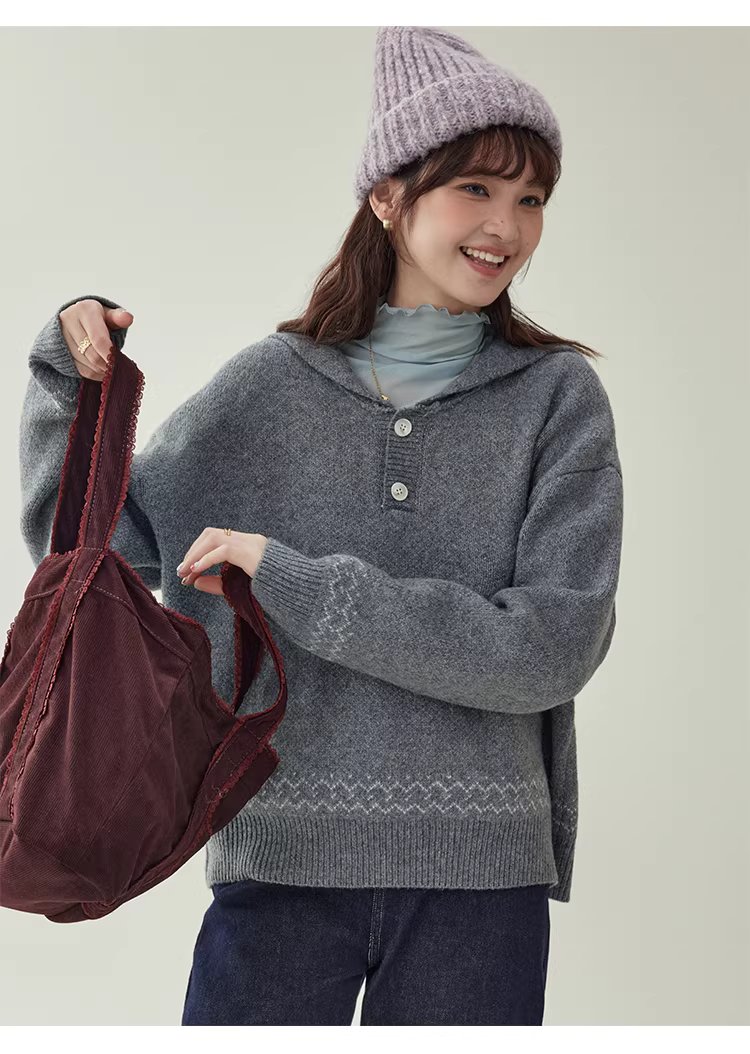 灰色提花海軍領毛衣女冬新款費爾島寬鬆長袖上衣,灰色提花海軍領毛衣女冬新款費爾島寬鬆長袖上衣,HBEW1191,灰色提花海軍領毛衣女冬新款費爾島寬鬆長袖上衣,海軍領,費爾島圖騰