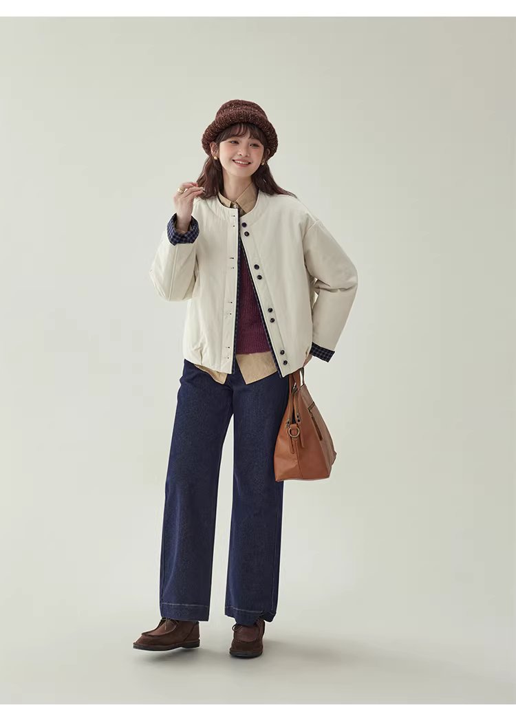 撞色單排扣落肩長袖保暖棉服外套女冬季寬鬆圓領上衣,撞色單排扣落肩長袖保暖棉服外套女冬季寬鬆圓領上衣,HBEW5129,撞色單排扣落肩長袖保暖棉服外套女冬季寬鬆圓領上衣,圓領排扣,格紋拼接