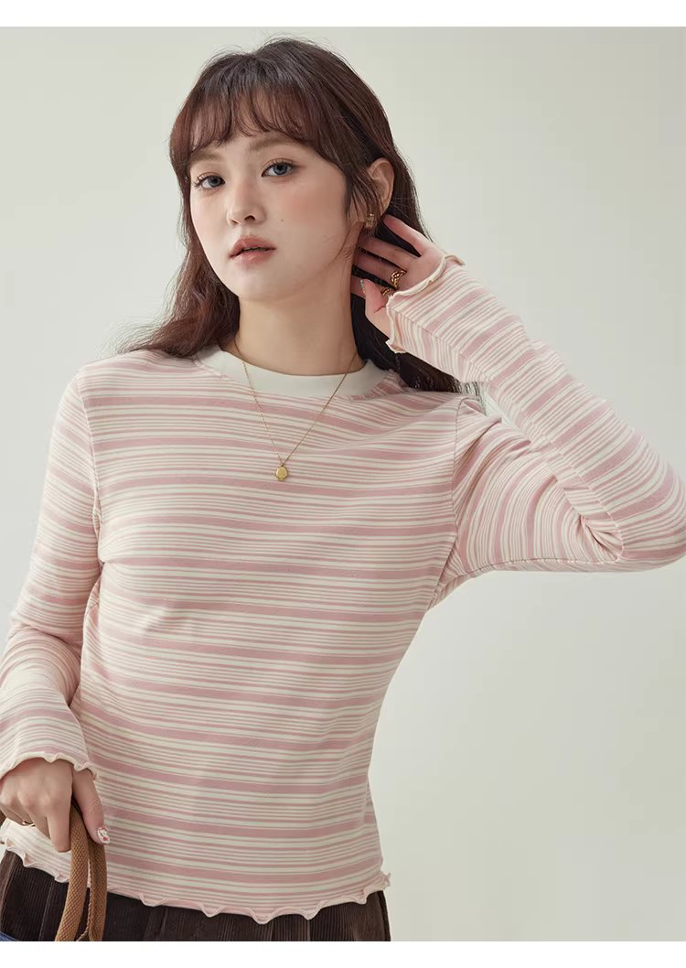 粉紅條紋花邊喇叭袖T恤女冬季新款修身內搭上衣,粉紅條紋花邊喇叭袖T恤女冬季新款修身內搭上衣,HBEW1195,粉紅條紋花邊喇叭袖T恤女冬季新款修身內搭上衣,橫紋設計,修身版型