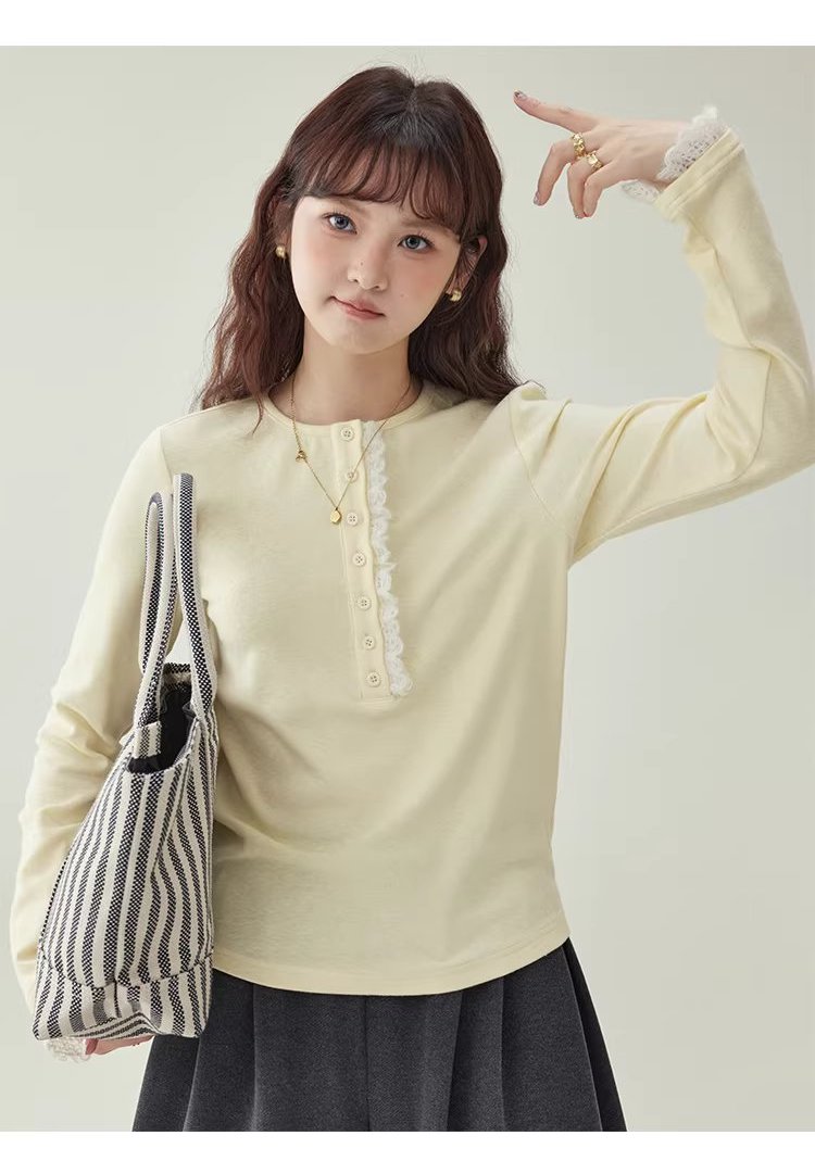蕾絲拼接半開扣T恤女冬季新款純色打底長袖上衣,蕾絲拼接半開扣T恤女冬季新款純色打底長袖上衣,HBEW1199,蕾絲拼接半開扣T恤女冬季新款純色打底長袖上衣,蕾絲拼接,修身版型