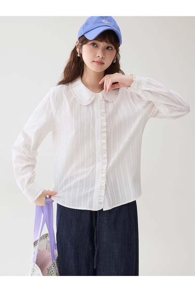 肌理感木耳邊娃娃領襯衫女春季新款純棉長袖上衣,肌理感木耳邊娃娃領襯衫女春季新款純棉長袖上衣,HBFS1003,肌理感木耳邊娃娃領襯衫女春季新款純棉長袖上衣,娃娃領,全棉面料