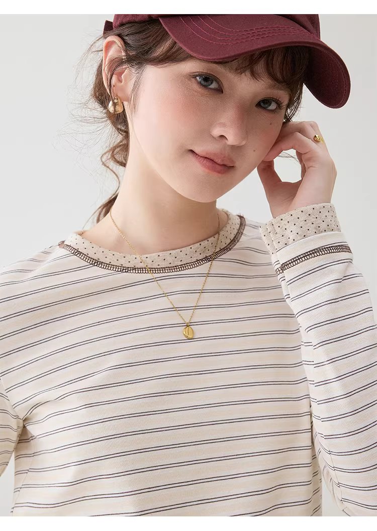 波點拼接圓領條紋T恤女26春季新款短長袖上衣,波點拼接圓領條紋T恤女26春季新款短長袖上衣,HBFS1008,波點拼接圓領條紋T恤女26春季新款短長袖上衣,波點拼接,青春休閒